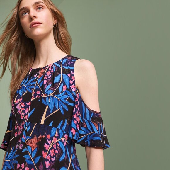 Anthropologie Maeve Elia Open Shoulder Navy Blue Floral Ruffle Sleeve Mini Dress - Picture 12 of 16